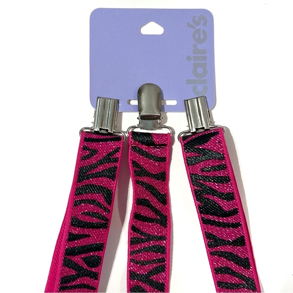 Claire’s Sparkly Hot Pink Zebra Suspenders Pant Holder Stretchy Adjust Glitter - Picture 2 of 13